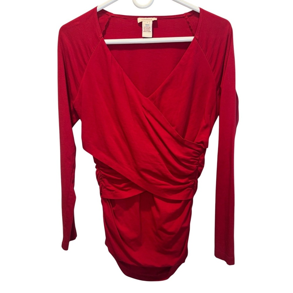 Sundance Red Long Sleeve Wrap Neck Ruched Knit Top Small Casual Basic Holiday